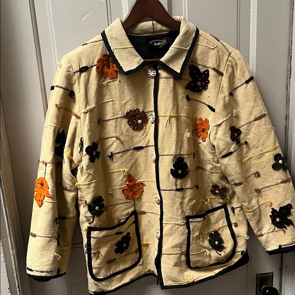 Vintage Allure Jacket 14/16 Autumn Leaves Applique Art to Wear Artsy Boho Beige